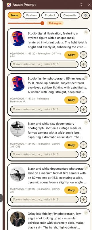 Asaan Prompt extension panel showing generated prompts