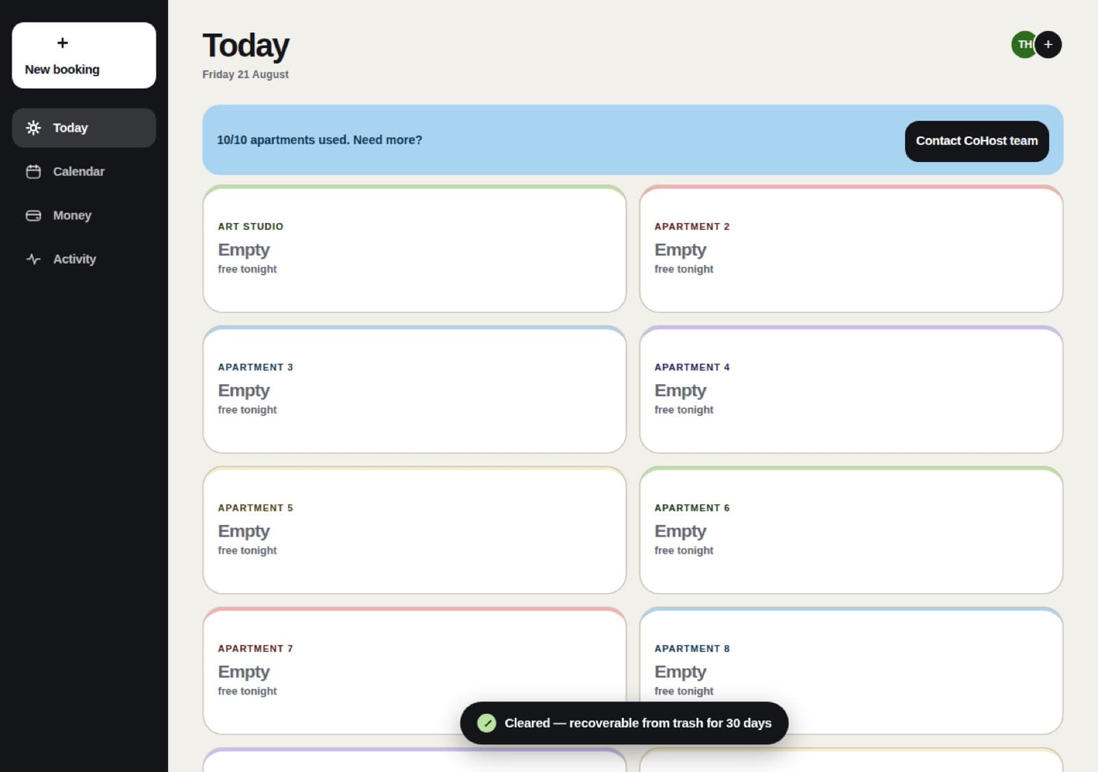 CoHost booking-management dashboard with sample apartments